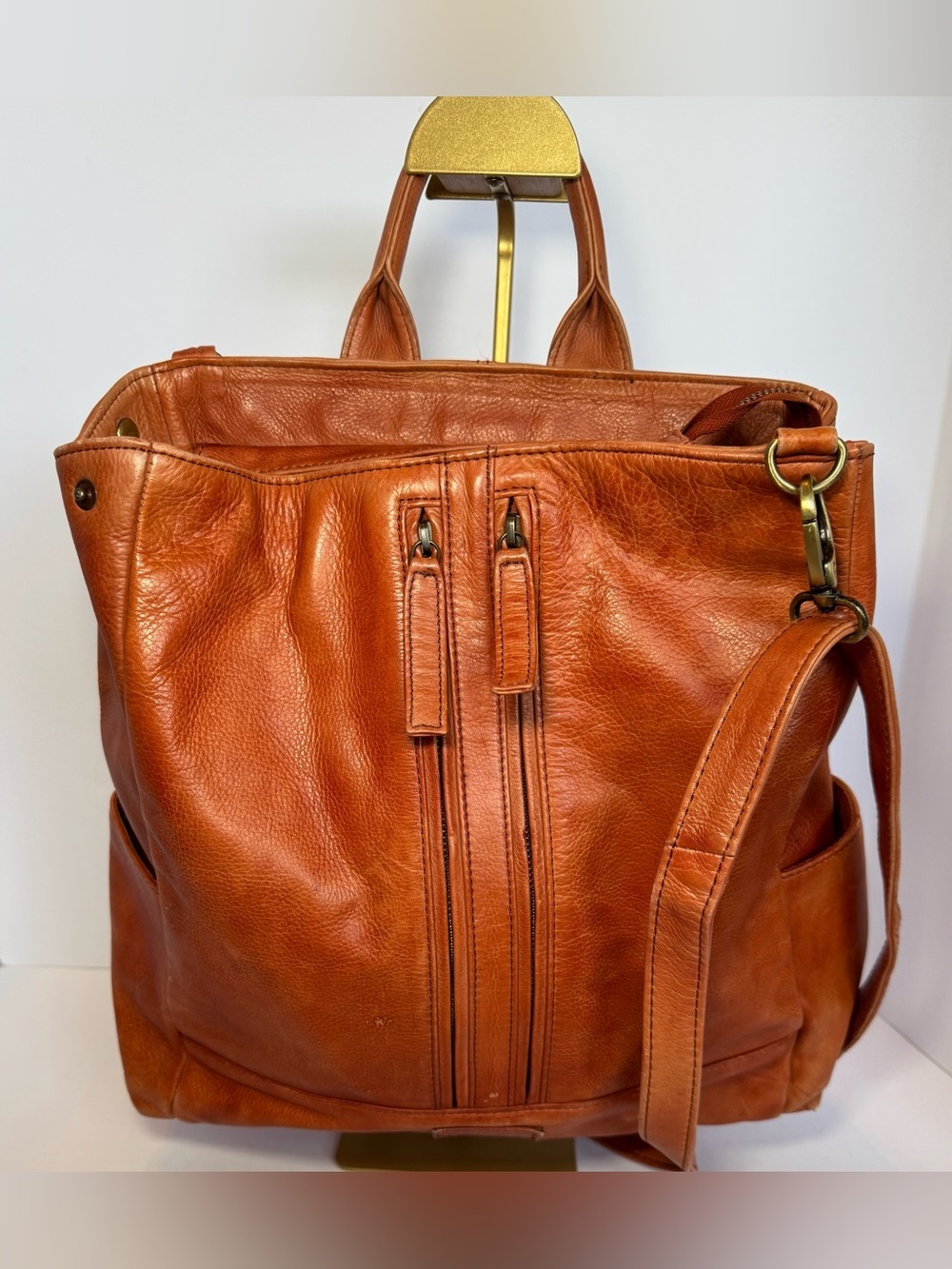 Albion Fit Full-Grain Leather Compass Satchel Backpack/ Crossbody  Burnt Orange